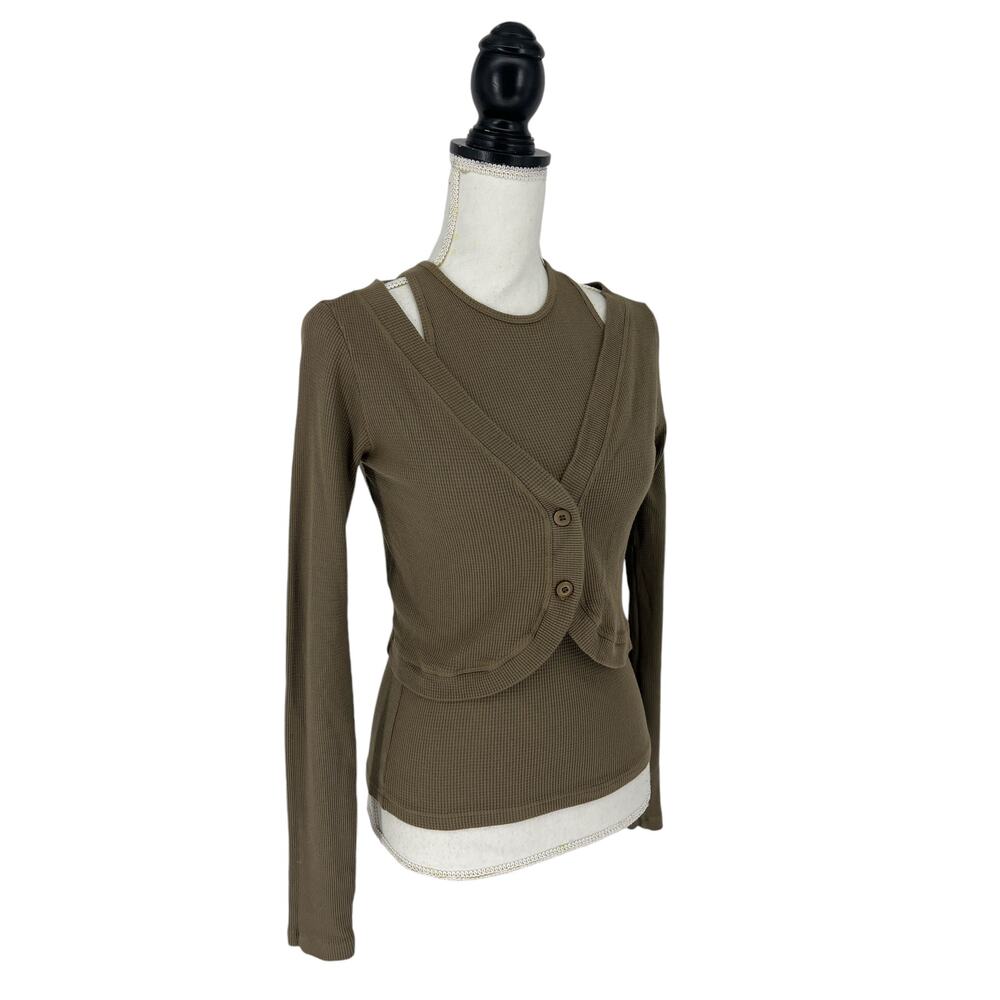 Monrow Baby Thermal Double Layer Cardi Top in Stone Green - Picture 6 of 11